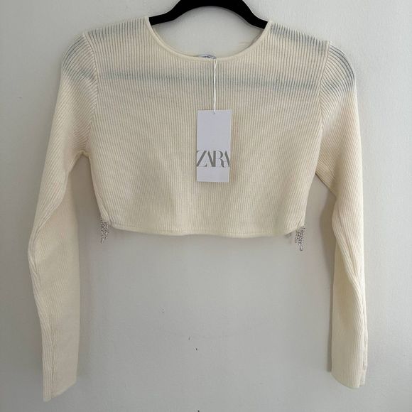 NEW Zara Rhinestone Soft Crop Top in Cream - Picture 3 of 5